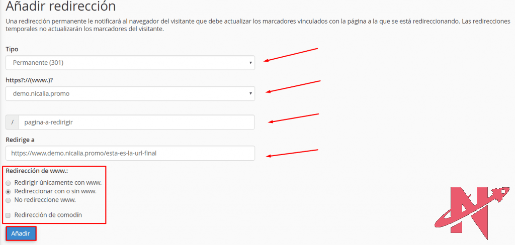 añadir redireccion desde cpanel