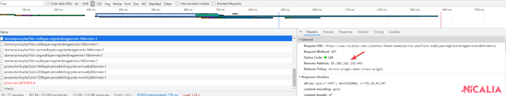 Inspector de Chrome (F12) mostrando el campo Remote Address con la IP del servidor al que está conectado el navegador en la pestaña Red
