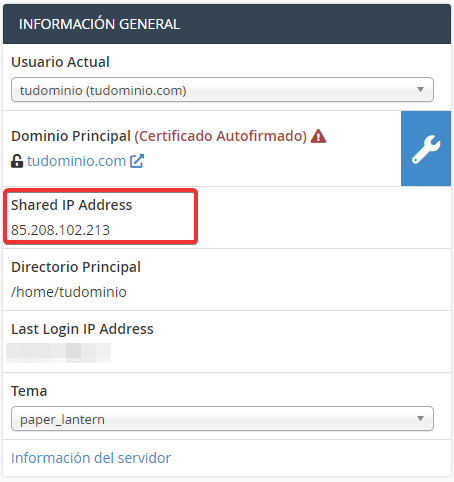 Panel de Información General de cPanel mostrando el campo Shared IP Address con la IP del servidor