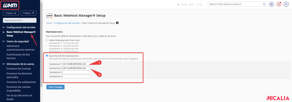 Formulario Basic WebHost Manager Setup en WHM mostrando los campos para introducir los nameservers personalizados del reseller