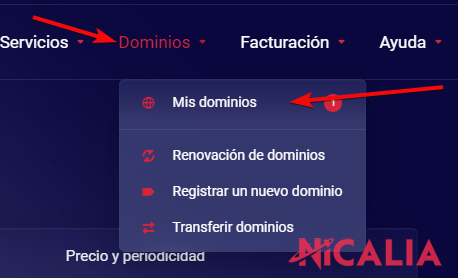 Menú de navegación del área de clientes de Nicalia con las opciones Dominios y Mis dominios