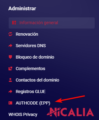 Panel de gestión del dominio en Nicalia con la opción AUTHCODE (EPP) visible en el menú lateral izquierdo