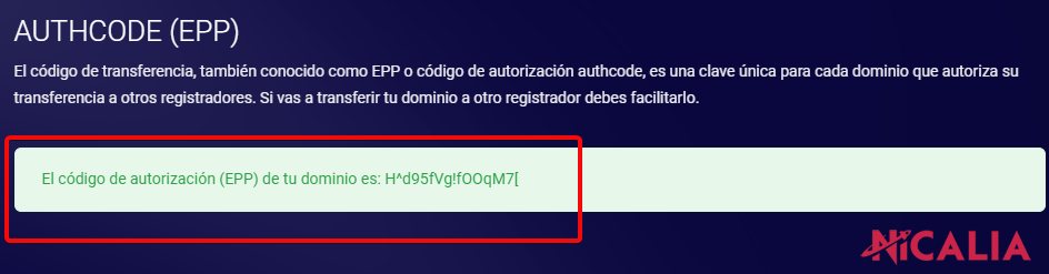 Pantalla AUTHCODE (EPP) en el área de clientes de Nicalia mostrando el código de autorización del dominio