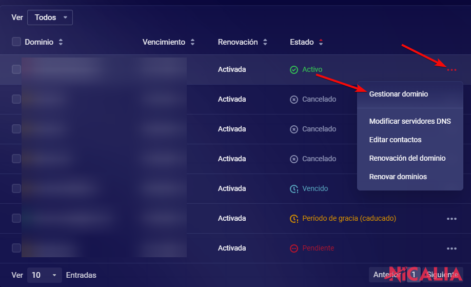 Menú contextual del dominio en el área de clientes de Nicalia mostrando la opción Gestionar dominio entre las acciones disponibles
