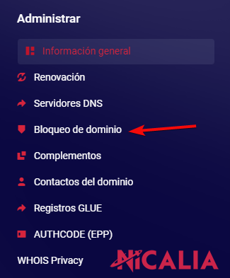 Panel de gestión del dominio en Nicalia con la opción Bloqueo de dominio visible en el menú lateral izquierdo