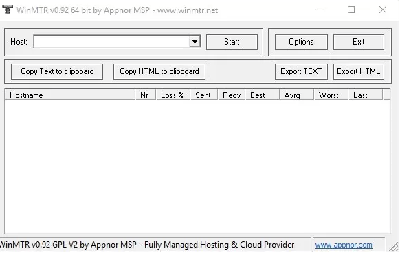 Pantalla principal de WinMTR con el campo Host y los botones Start y Options