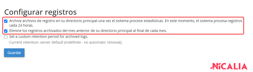 Apartado Configurar registros de cPanel con las opciones de archivado y de borrado mensual destacadas