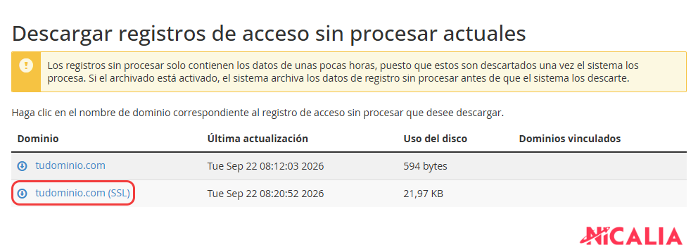 Apartado Descargar registros de acceso sin procesar actuales de cPanel con el enlace del dominio (SSL) destacado