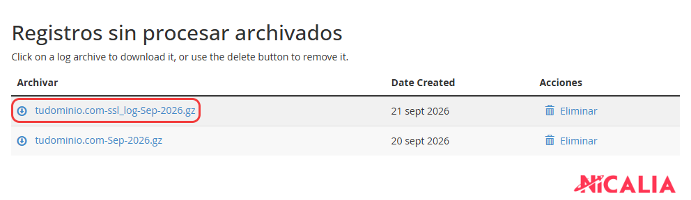 Apartado Registros sin procesar archivados de cPanel con un fichero mensual destacado