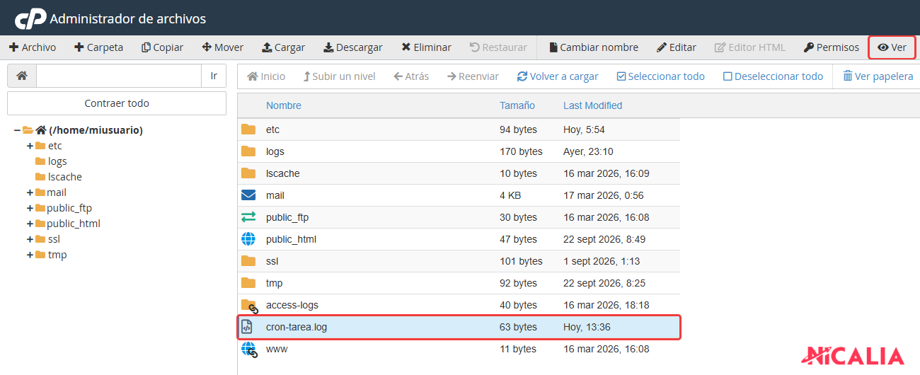 Administrador de archivos de cPanel con el fichero cron-tarea.log seleccionado en la carpeta principal y el botón Ver destacado