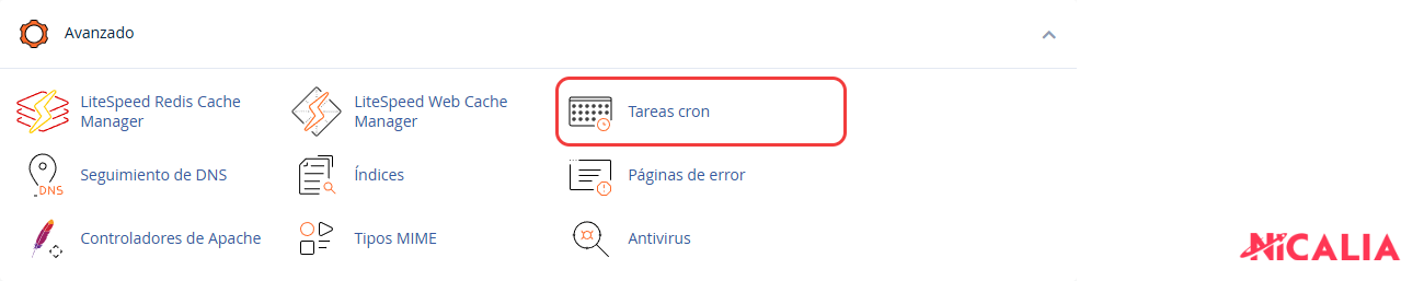 Sección Avanzado de cPanel con la herramienta Tareas cron destacada