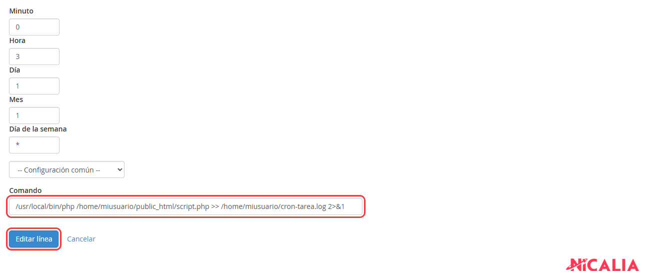 Edición de una tarea cron en cPanel con el comando que guarda la salida en cron-tarea.log y el botón Editar línea destacados
