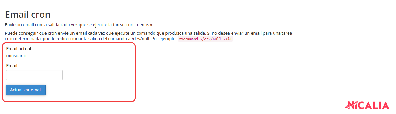 Apartado Email cron de cPanel con la dirección actual y el campo para cambiarla destacados