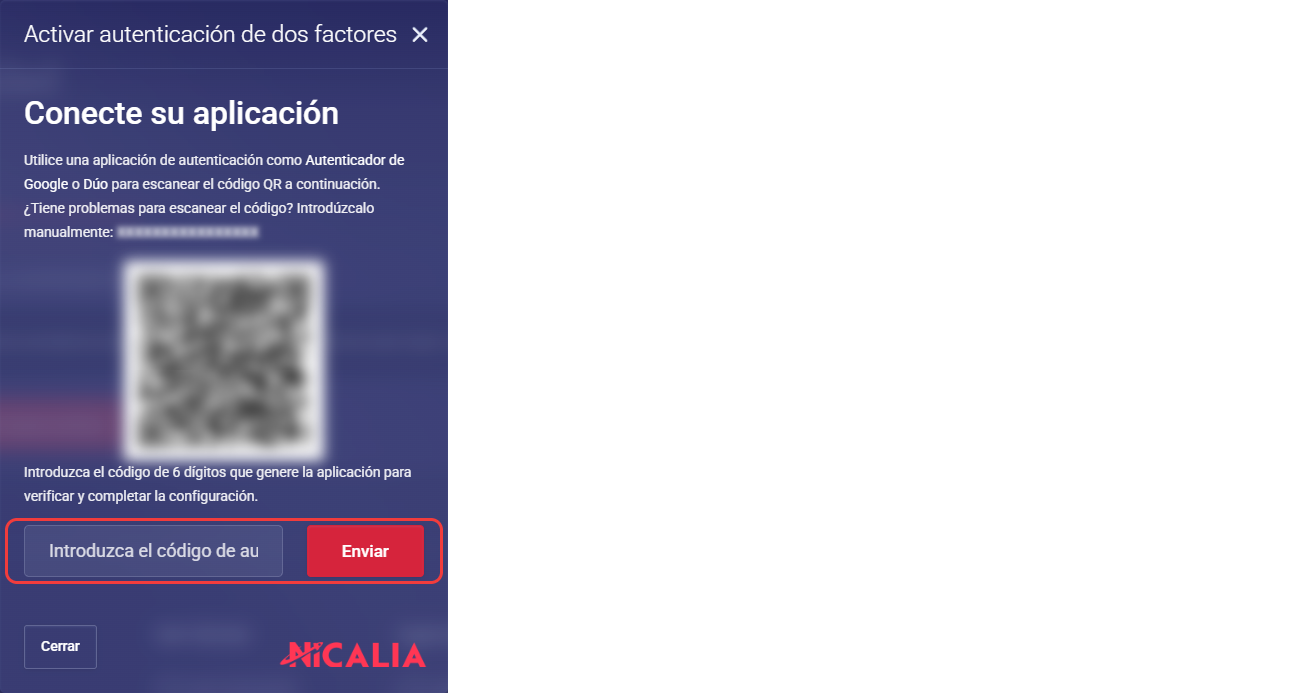 Ventana Conecte su aplicación con el código QR y el campo del código de 6 dígitos y el botón Enviar destacados