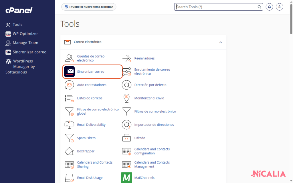 Apartado Correo electrónico de cPanel con la opción Sincronizar correo