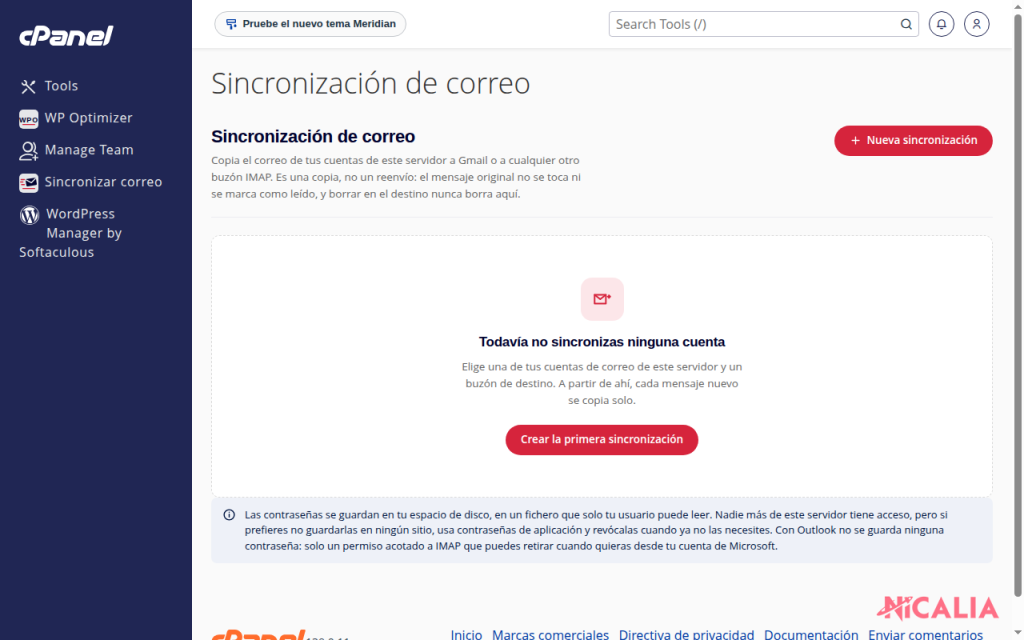 Pantalla inicial de Sincronizar correo con el botón Nueva sincronización