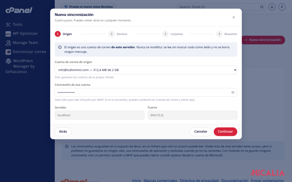 Paso 1 del asistente: cuenta de correo de origen y su contraseña