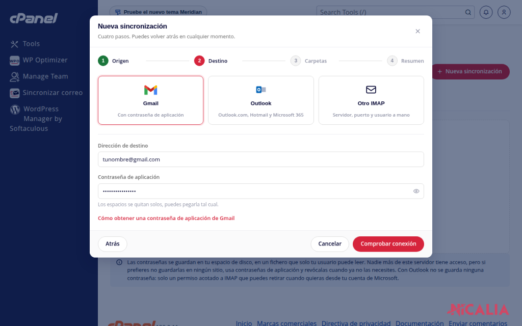 Paso 2 del asistente con Gmail como destino