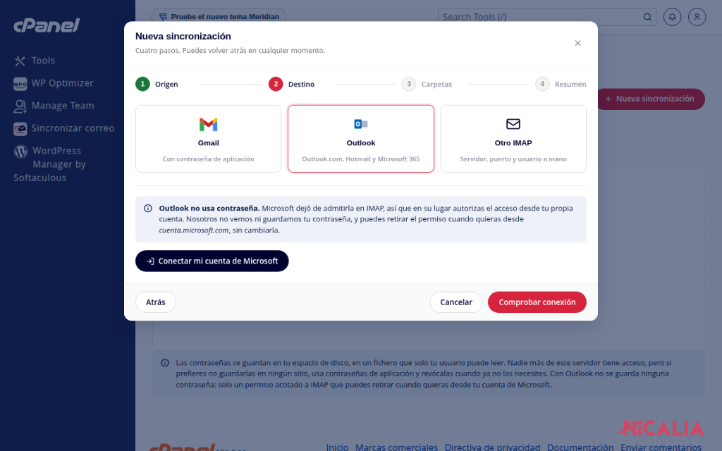 Paso 2 del asistente con Outlook como destino