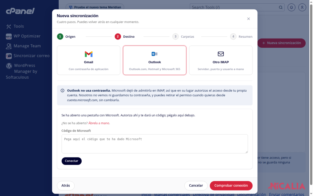 Campo para pegar el código de autorización de Microsoft