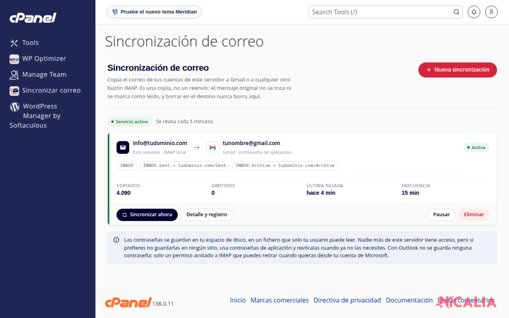 Sincronización activa de una cuenta del dominio hacia Gmail
